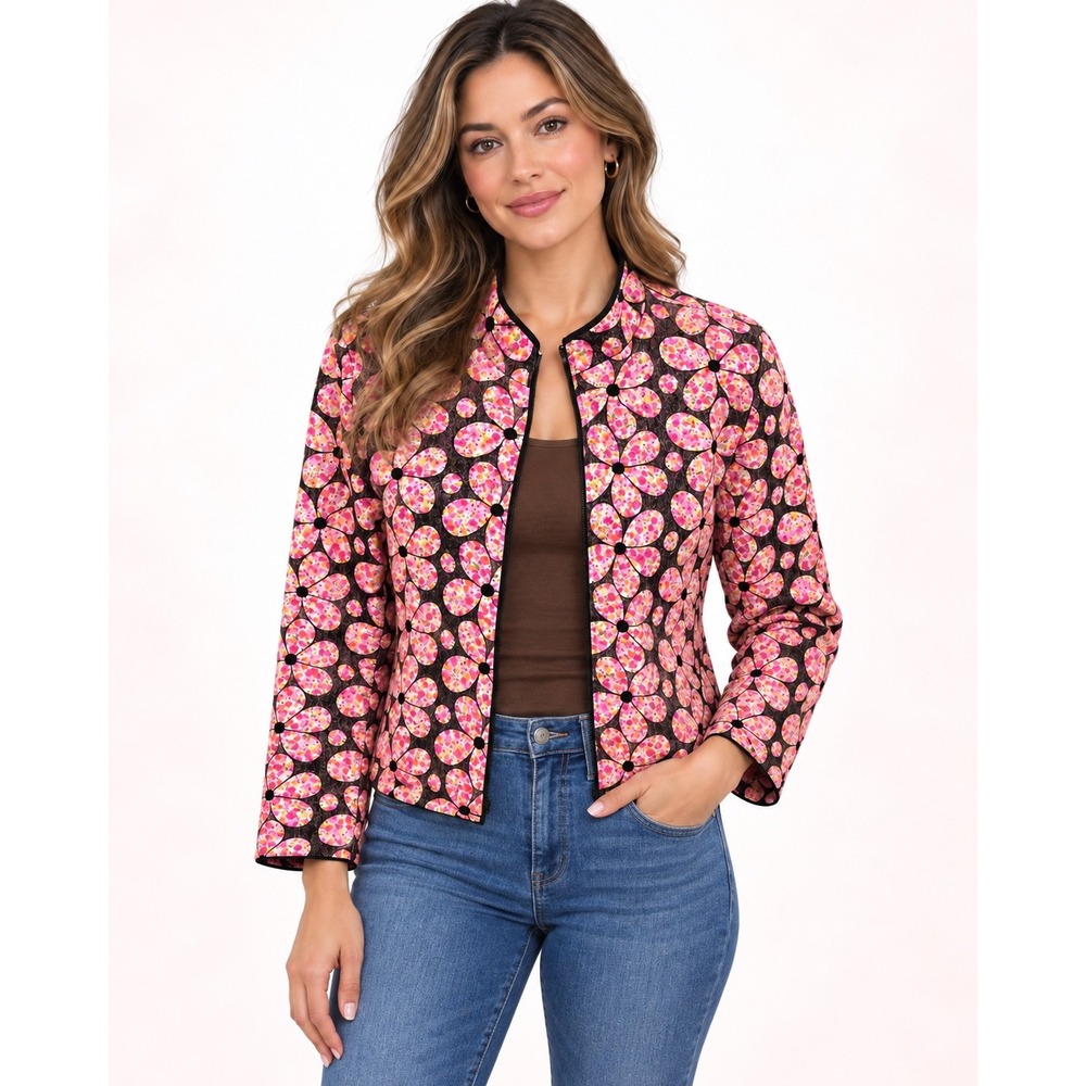 Vintage Elliott Lauren Floral Quilted Zip Jacket 80s 90s Boho Mandarin Collar